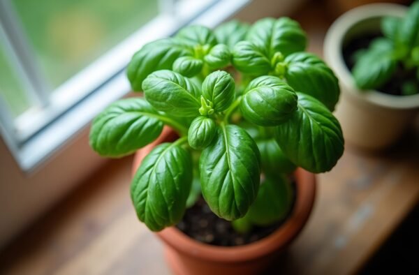 Top down view of fresh basil growing in a terracotta pot
