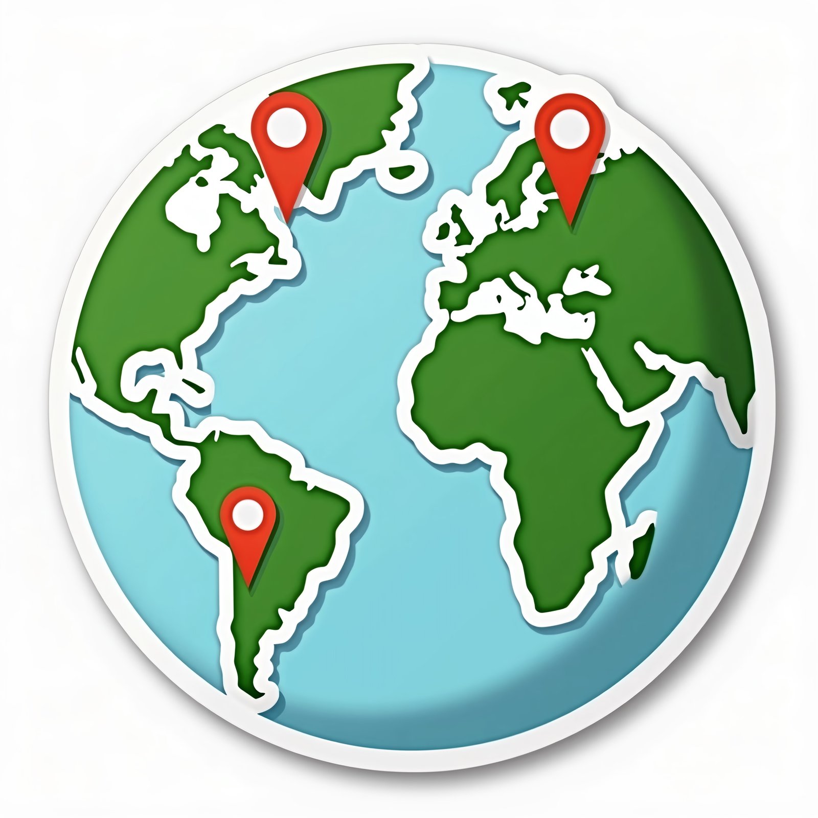 Vector die-cut sticker of world globe with multiple location pin markers