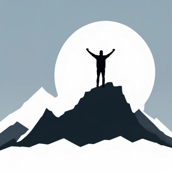 Vector silhouette of a man standing on a mountain peak, arms raised in victory