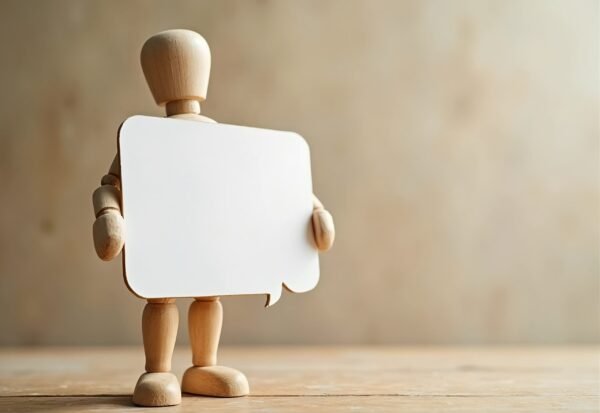 wooden figure holding a blank speech bubble with copy space