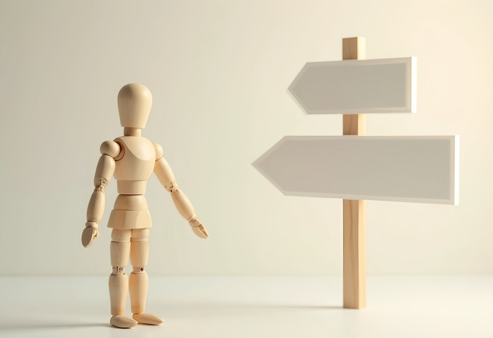 Wooden figure holding blank signboard—ideal for message templates, design visuals and communication concept