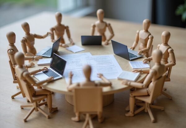 wooden figures people around conference table in a meeting with laptops