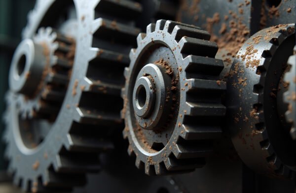 Photorealistic close up of rusty heavy duty machinery gears in motion