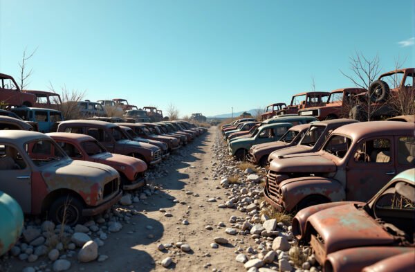 Photorealistic image of a junkyard filled with old car parts and rusted vehicle frames scrap junk