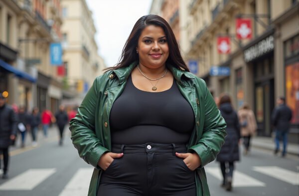 fat woman standing confidently in the street