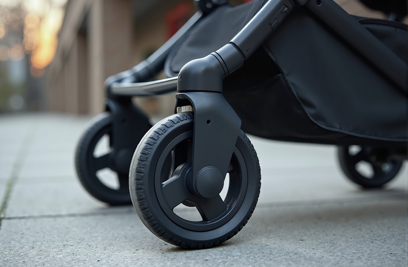 Close-up detail of stroller wheel on concrete surface showing rubber tread pattern and suspension system