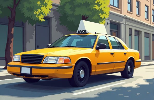 Taxi vector mockup on urban street yellow cab style with blank signage area on roof
