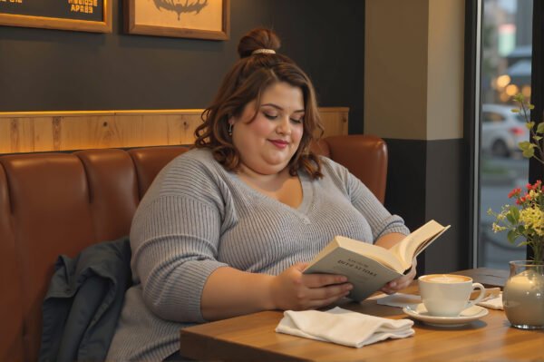 beautiful fat woman reading a book in cafe