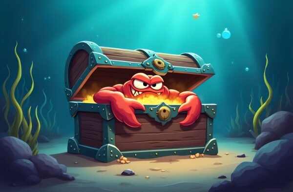 Cartoon underwater treasure chest with glowing gold guarded by a crab