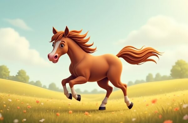 3D illustration of a brown horse running across a field