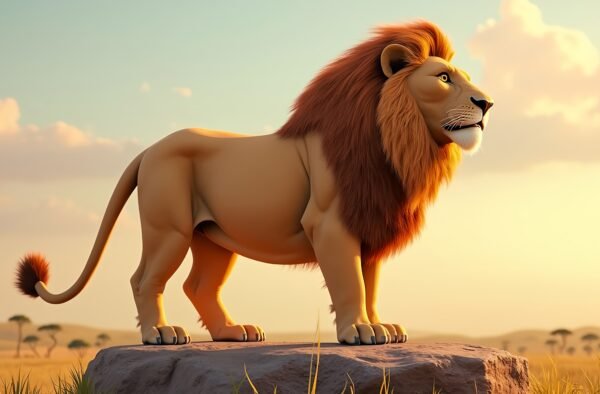 3D lion standing on a rock in majestic pose with savanna background