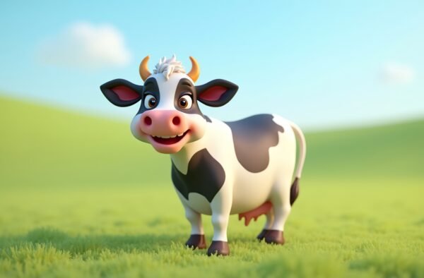 3D render of smiling dairy cow standing in green field