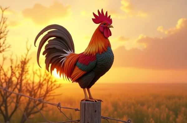 3D colorful rooster standing in proud pose on a fence