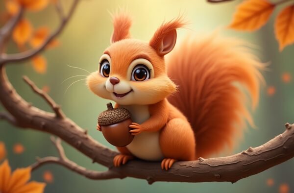 3D squirrel holding an acorn on a branch with expressive eyes