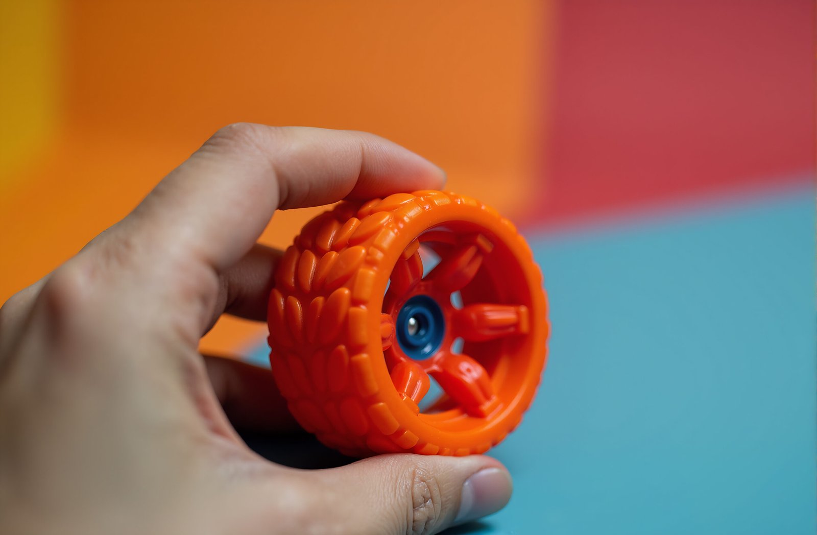 hand holding a plastic toy wheel close up image with colorful background