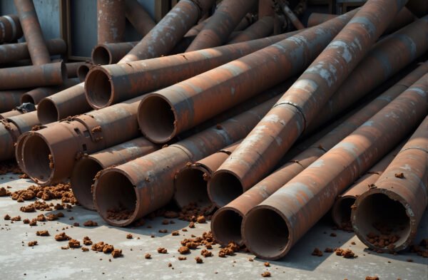 A pile of rusty metal scrap pieces including pipes rusted junk on a concrete floor in daylight