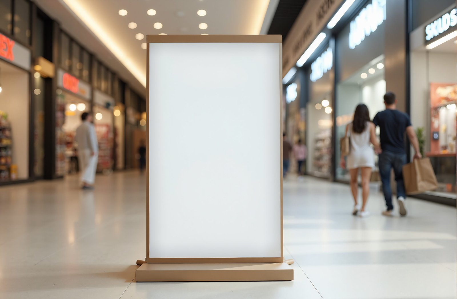 Freestanding blank cardboard promotional standee mockup displayed in shopping mall retail environment