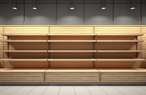 multiple empty shelves for design insertion in supermarket