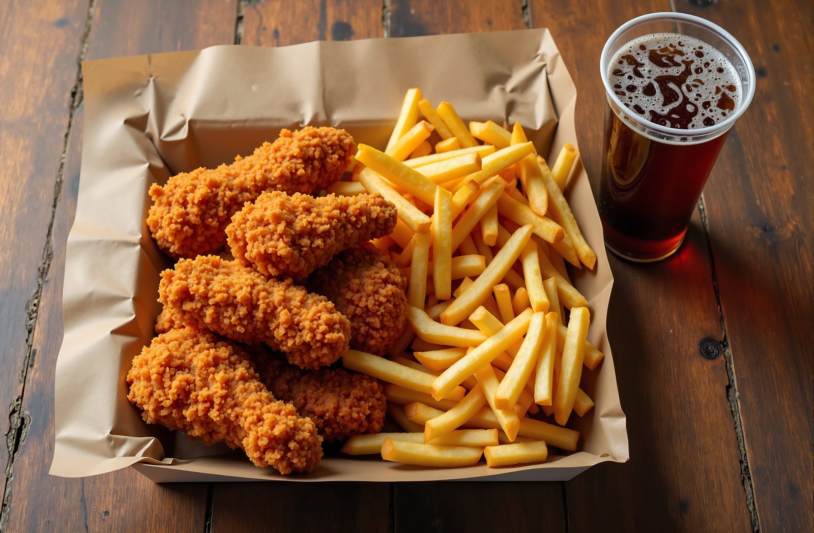 Crispy fried chicken pieces with golden fries and soda drink on fast food serving tray