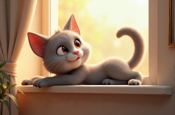 3D illustration of a curious cat stretching on a windowsill