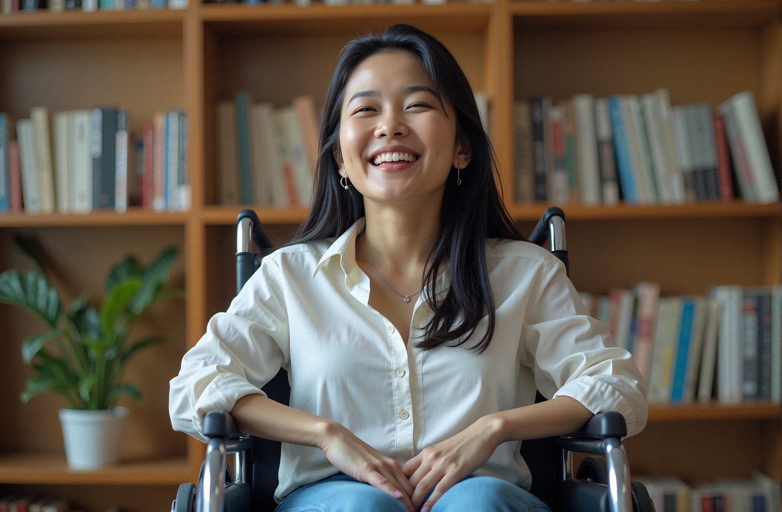 Asian woman using a wheelchair—ideal for inclusive lifestyle, accessibility, and diversity visuals