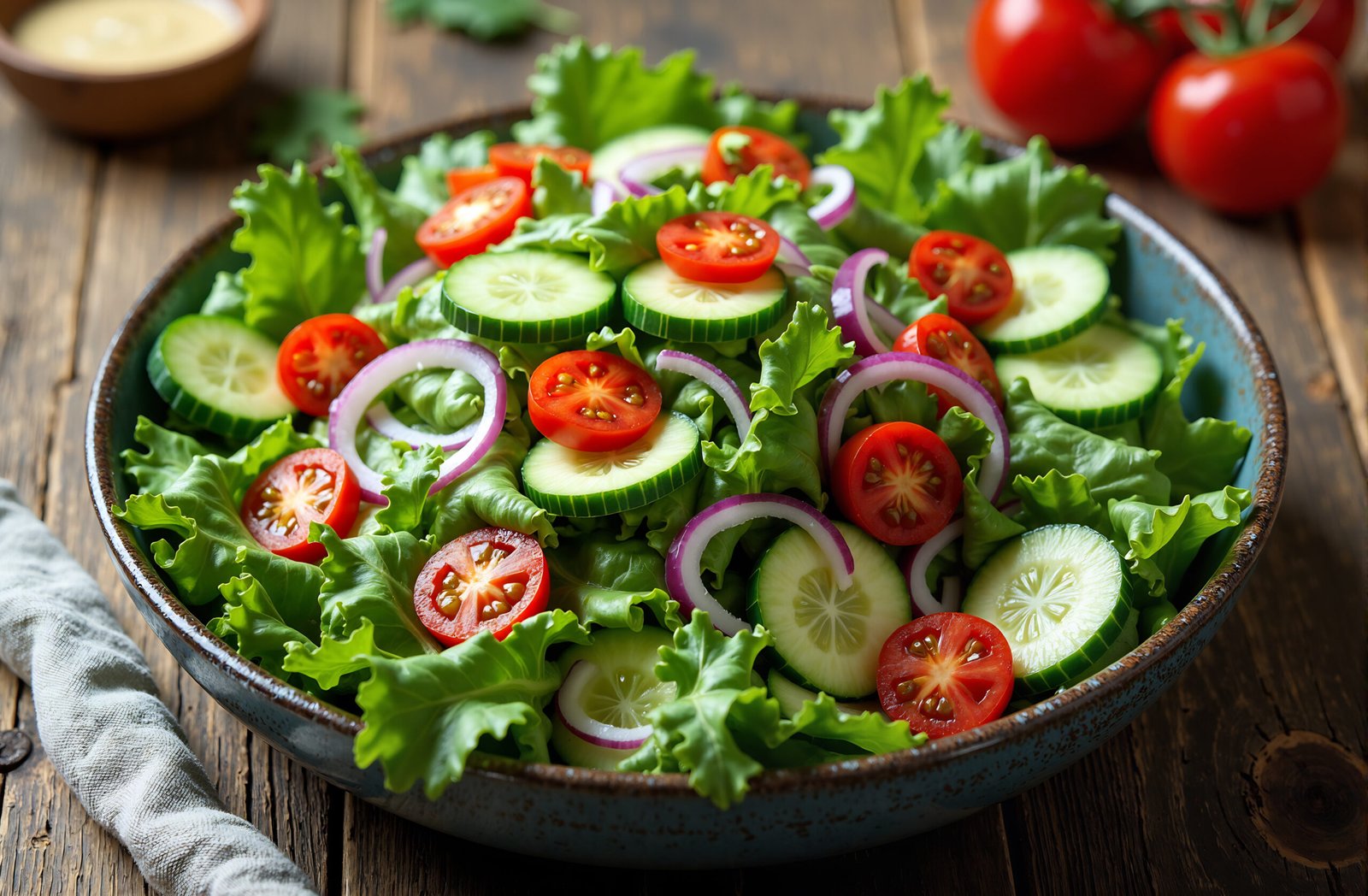 Fresh mixed greens salad bowl with cherry tomatoes, cucumber slices, and red onions