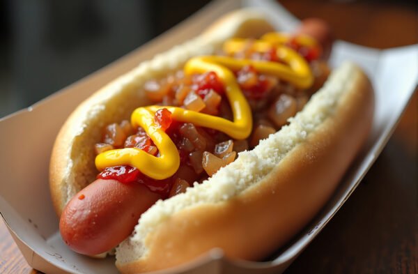 Loaded hot dog topped with mustard ketchup and onions served on paper tray