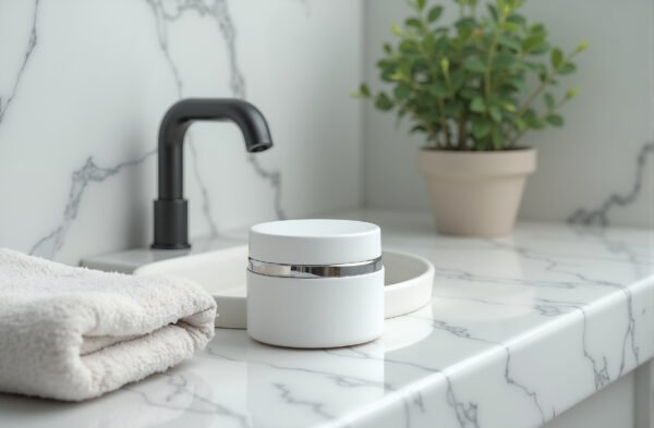 A marble sink with a blank skincare mockup jar