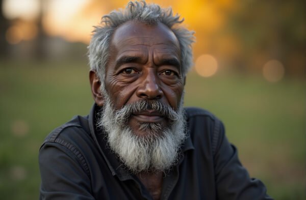 Elderly Black man with gray beard expressive eyes seated outdoors