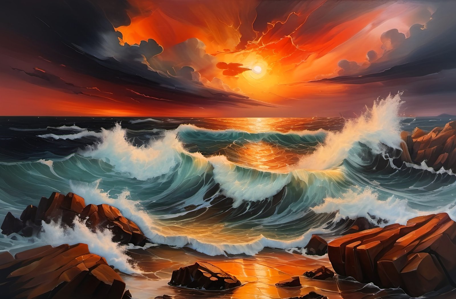 Painting of sunset over a stormy sea with waves crashing onto rocks—ideal for nature, seascape and dramatic wall art visuals
