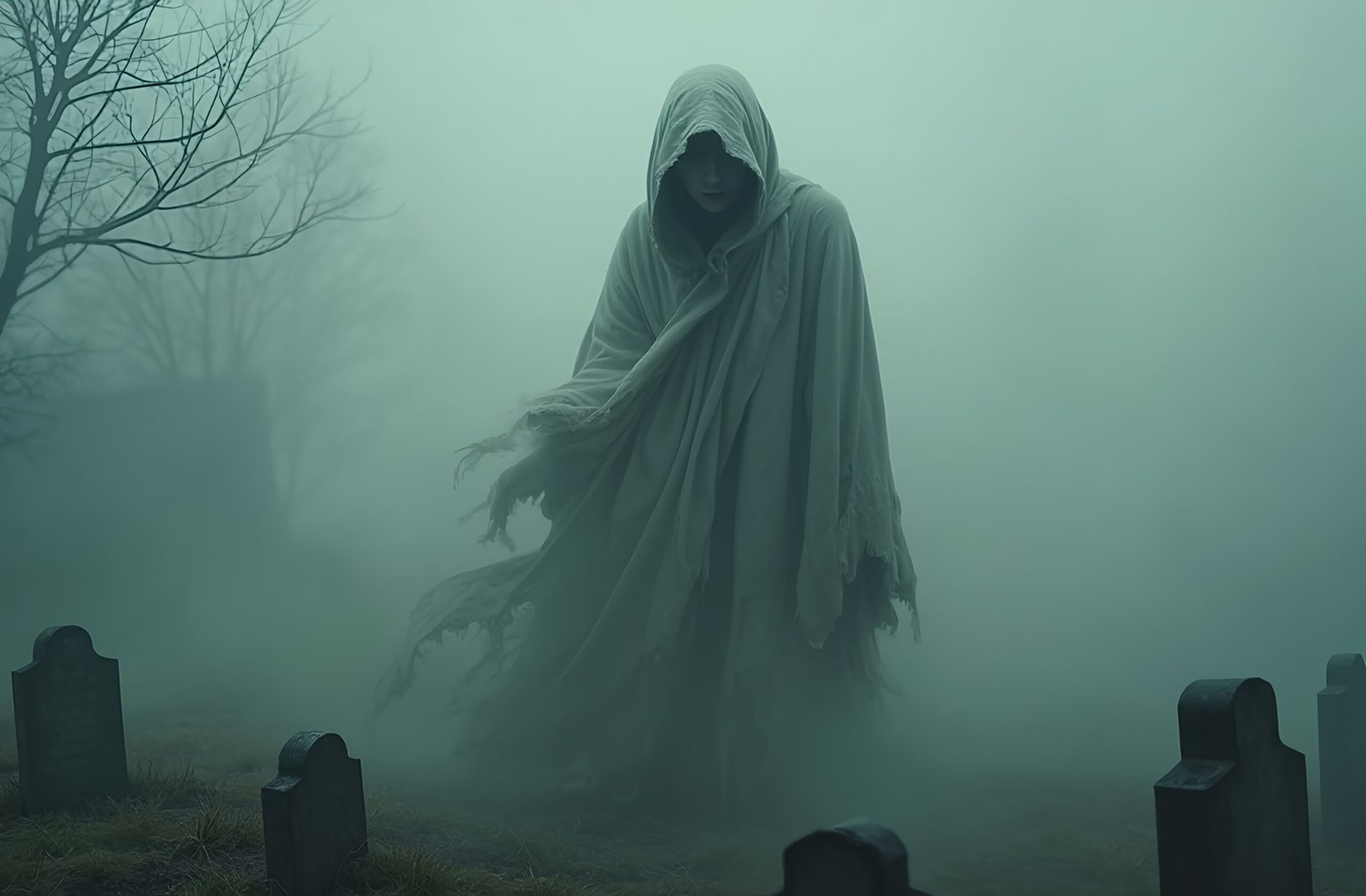 Ghostly wraith spirit with tattered hood hovering over dark cemetery with smoke-like shadows creating supernatural horror scene
