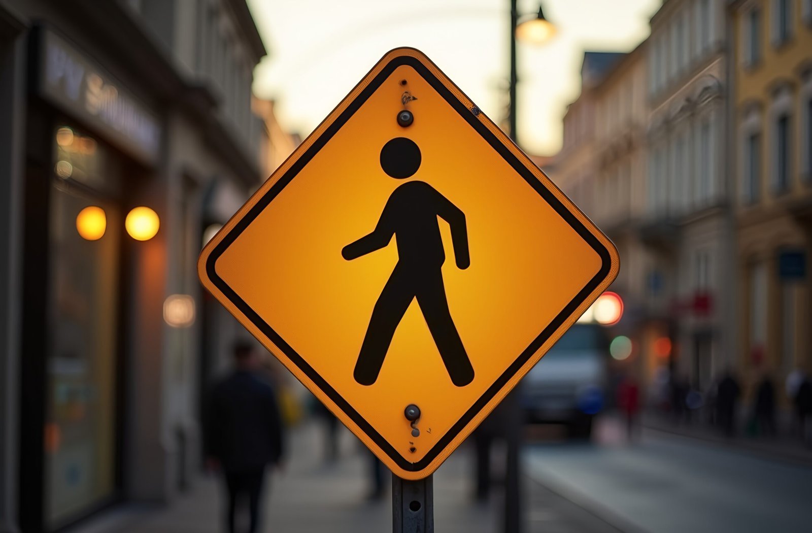 Yellow pedestrian crossing warning sign mounted on city street showing walking figure symbol for traffic safety