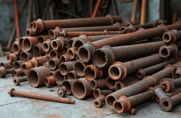 A pile of rusty metal scrap pieces including pipes rusted junk on a concrete floor in daylight