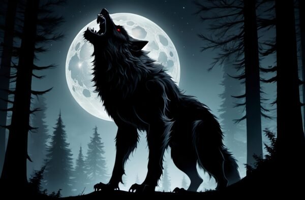 A werewolf howling under a full moon in a remote forest
