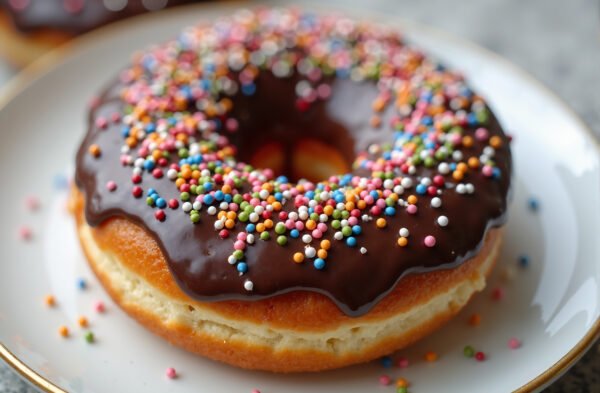 Close up of chocolate donut with colorful sprinkles in a white ceramic plate
