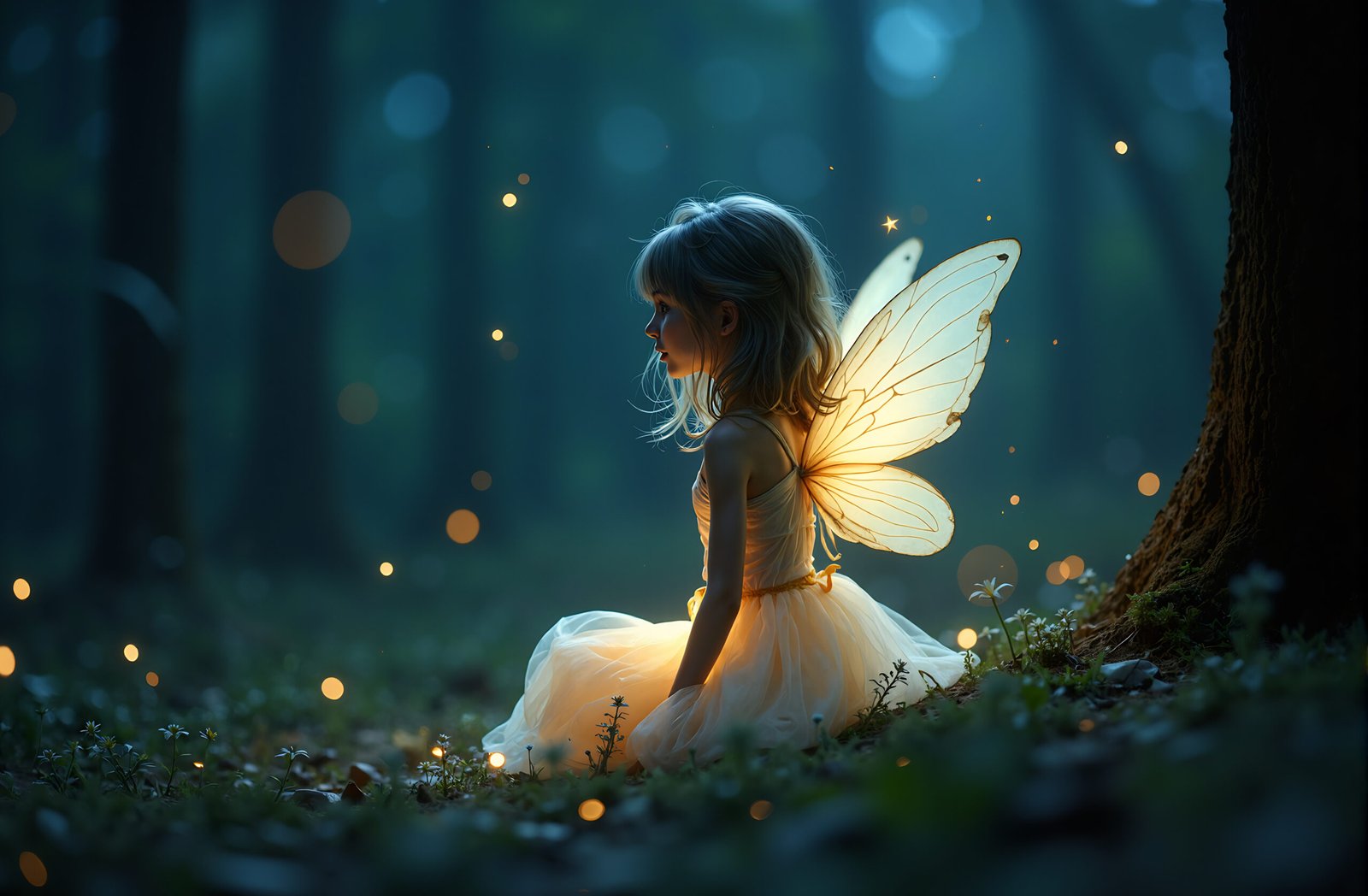 Ethereal fairy with translucent wings and glowing dress surrounded by bright fireflies in dark enchanted nighttime forest