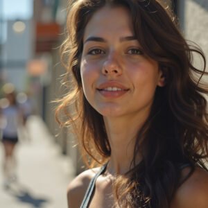 Young Latina woman in bright casual outfit under sunlight—ideal for lifestyle, fashion, and inclusive visuals