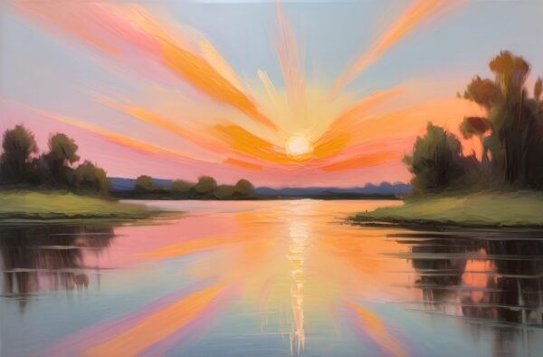 oil painting of sunset over quiet lake