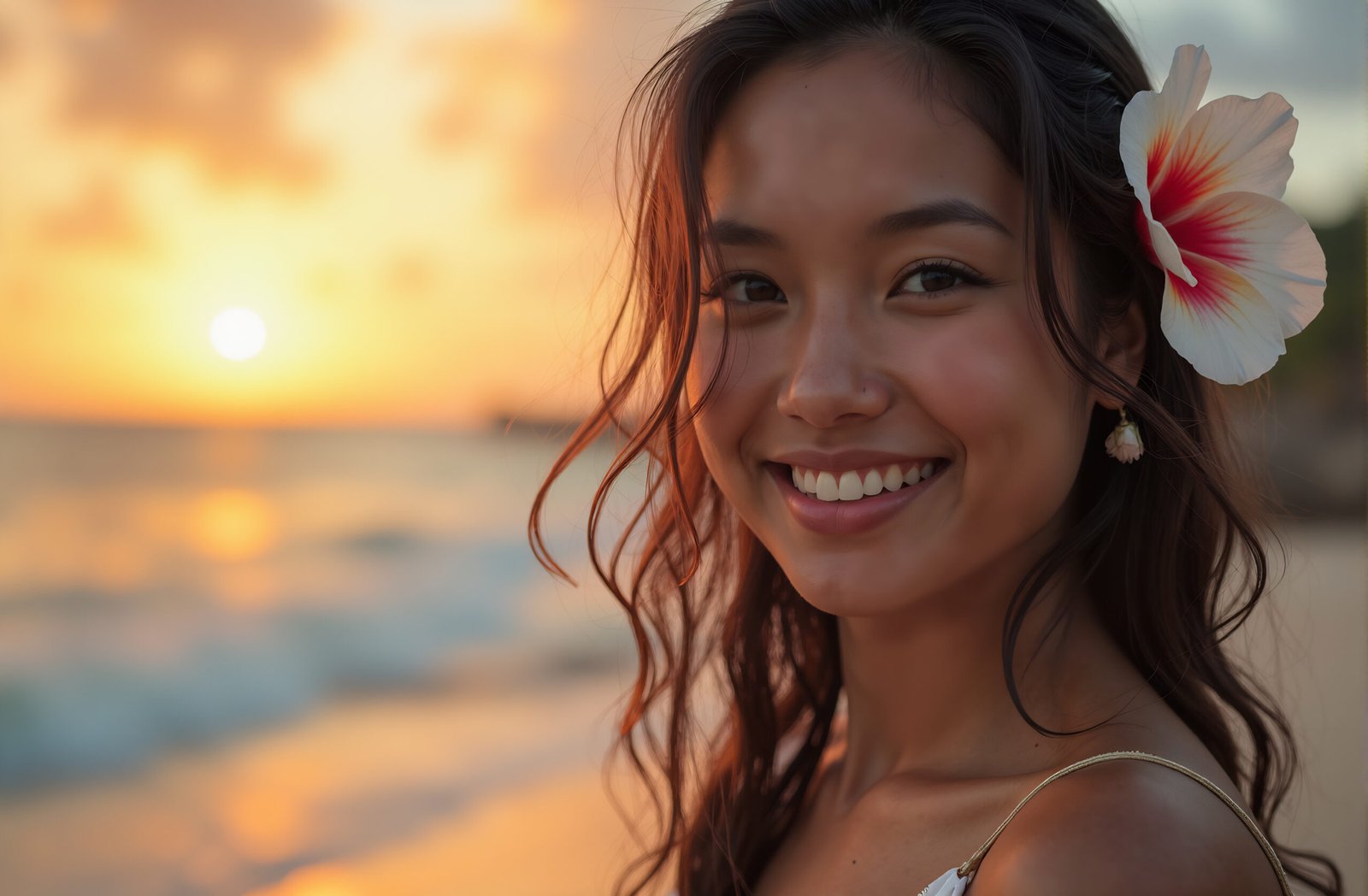 Pacific Islander woman with flower in hair on tropical beach—ideal for lifestyle, travel, and cultural visuals