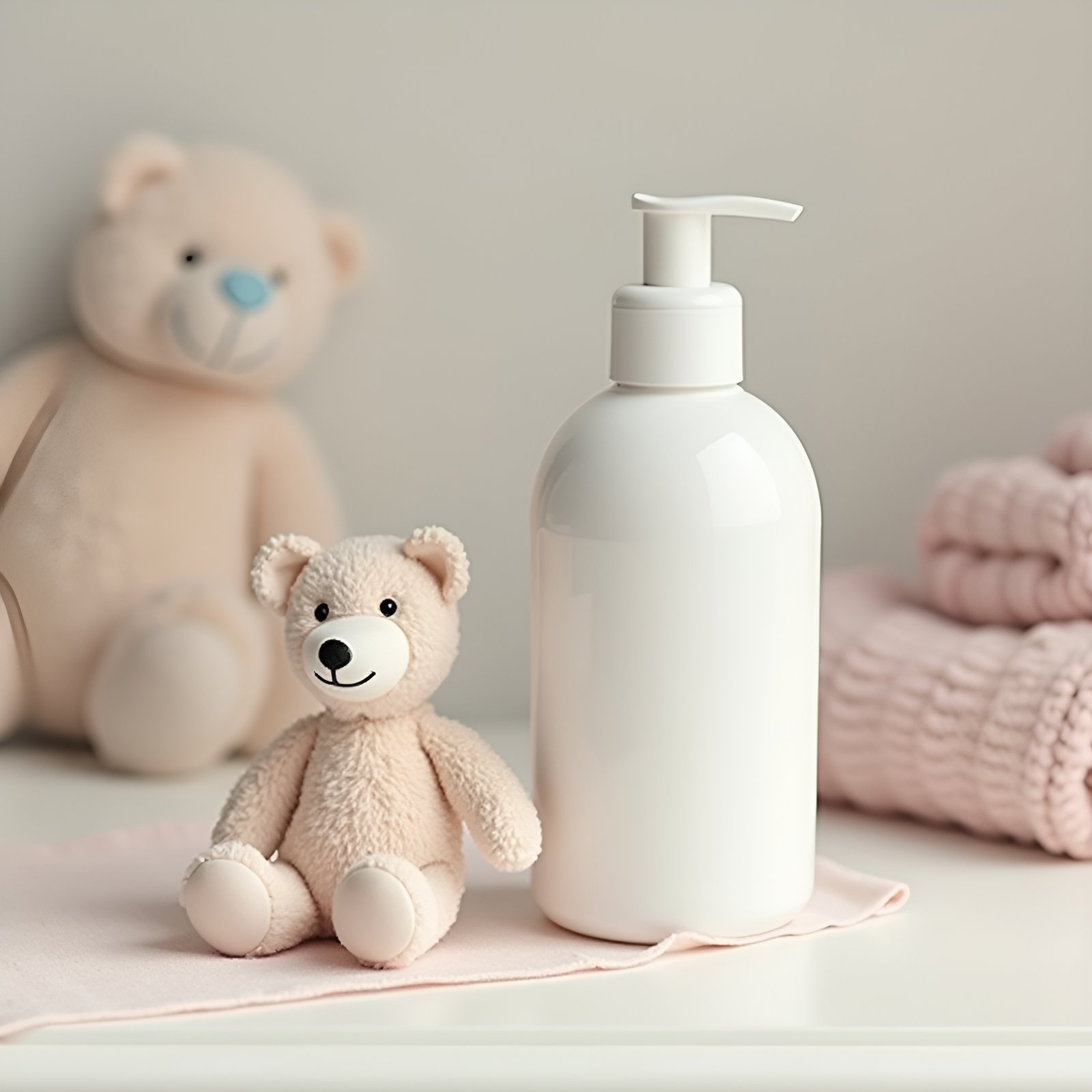 Baby lotion pump bottle mockup with blank label next to teddy bear on changing table in soft pastel nursery setting