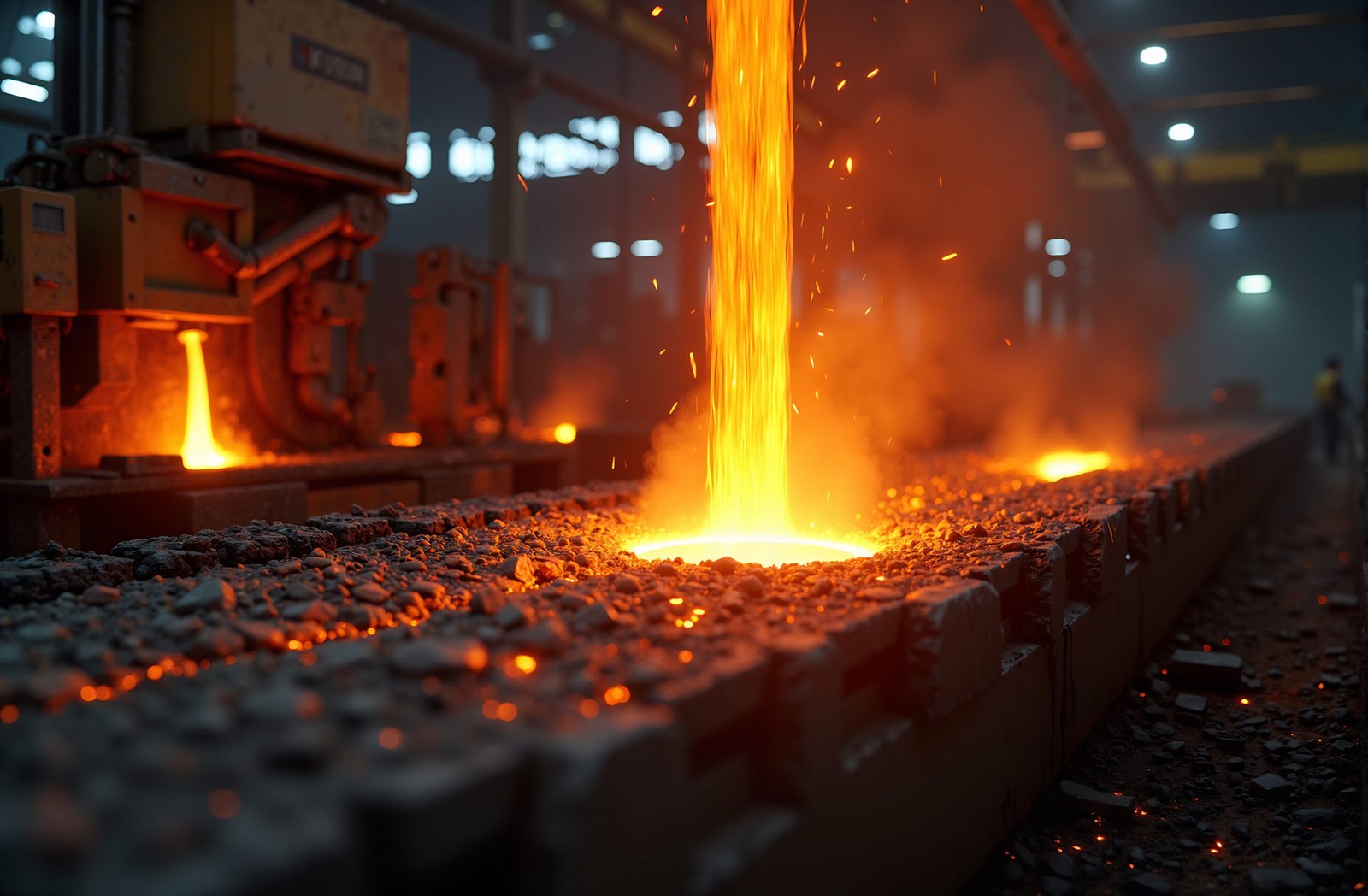 Photorealistic steel plant interior with glowing molten metal being poured in manufacturing process