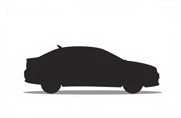 black silhouette of a small sedan car isolated on white background