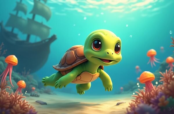 Cartoon baby sea turtle and group of jellyfish underwater with sunken ship