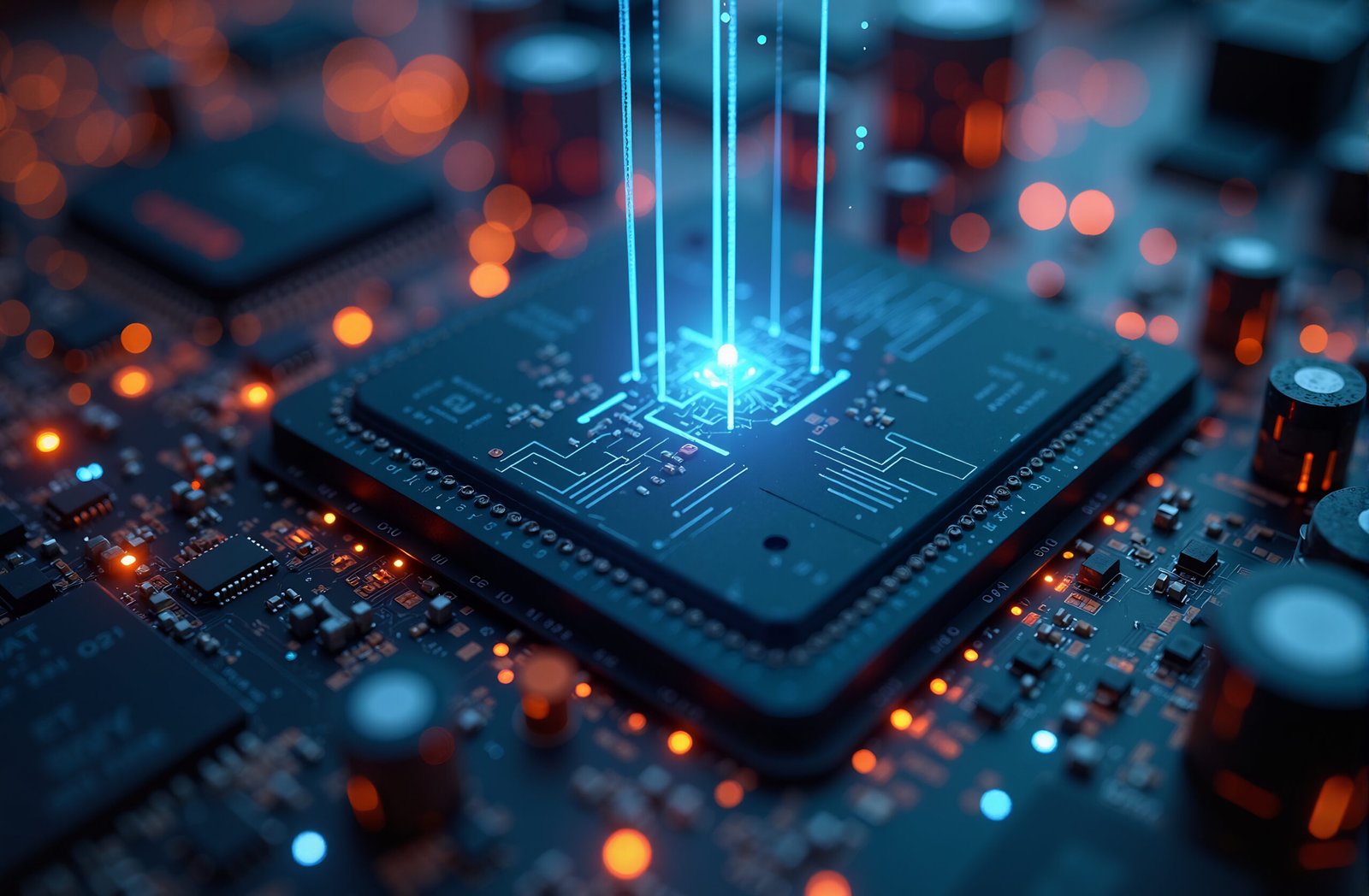 Close up of motherboard and circuits with binary code floating above