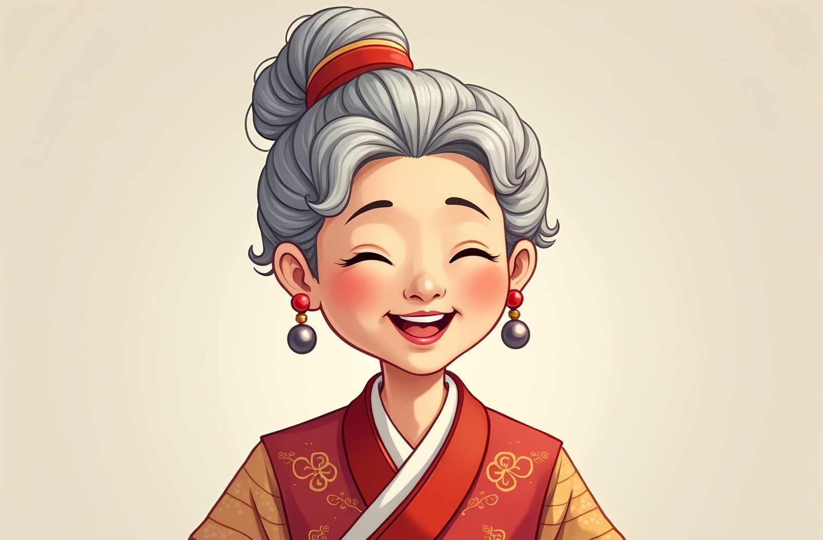 Cartoon illustration of elderly East Asian woman in traditional colorful clothing with kind expression