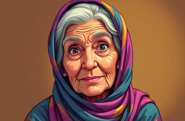Cartoon style portrait of Elderly North African woman in a colorful hijab