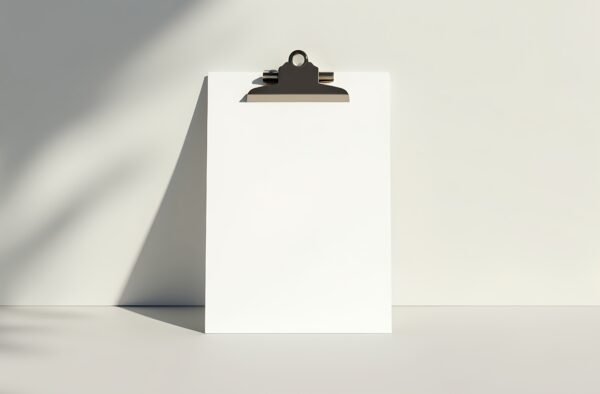 Clipboard with floating blank paper mockup and abstract desk shadows