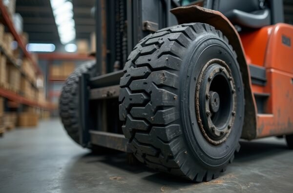 Close up of a forklift tire with thick industrial rubber