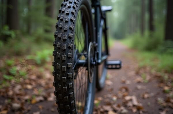 Close up of a mountain bike wheel knobby tire tread and disc brake in the forest