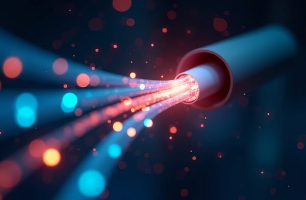 Close up of fiber optic cables with glowing data pulses